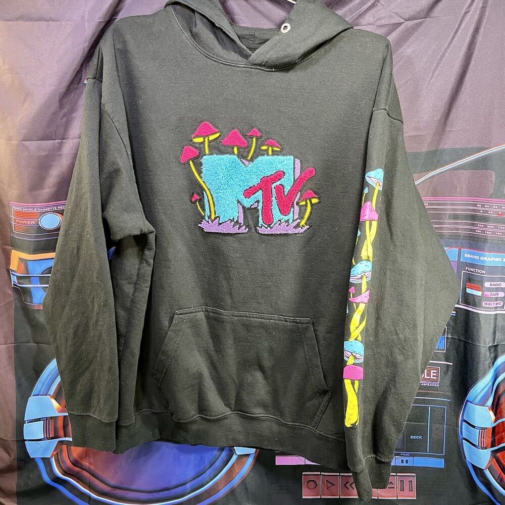MTV Retro Authentic Embroidered Mushroom Applique & Screen Print Blk Hoodie Med